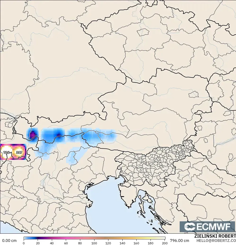 ECMWF IFS 0.25° modelo - Austria, Profundidad de nieve