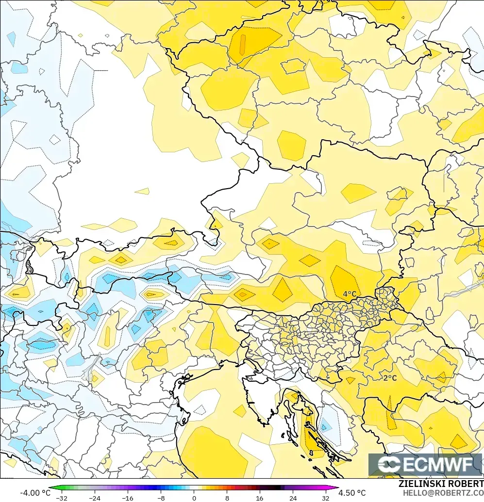 ECMWF IFS 0.25° modelo - Austria, Anomalía de temperatura a 2 m