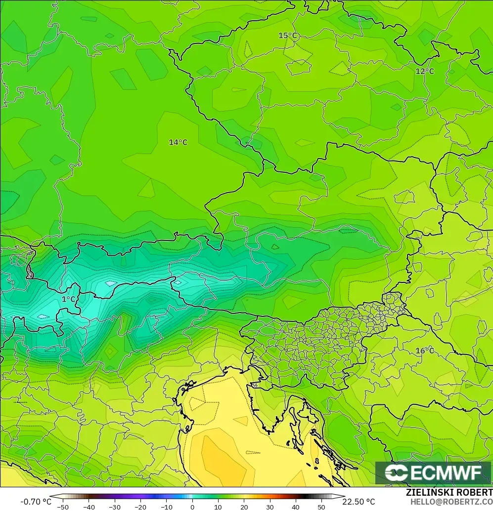 ECMWF IFS 0.25° modelo - Austria, Temperatura a 2 m