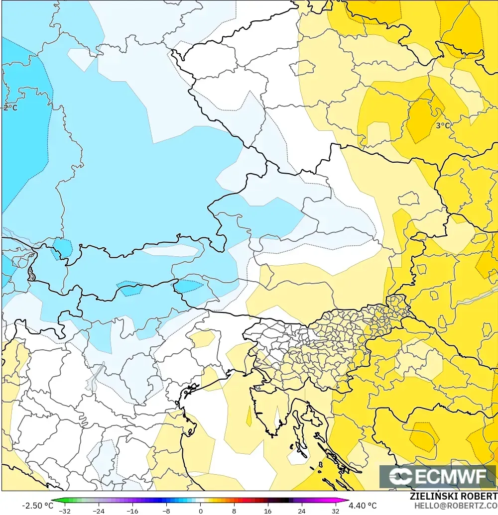 ECMWF IFS 0.25° modelo - Austria, Anomalía de temperatura a 850 hPa