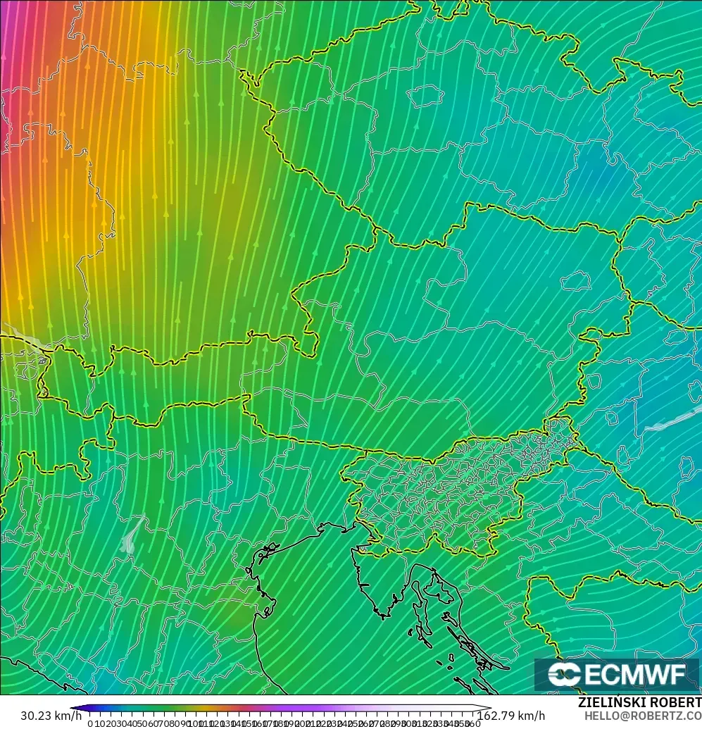 ECMWF IFS 0.25° modelo - Austria, Viento a 300 hPa (corriente en chorro)