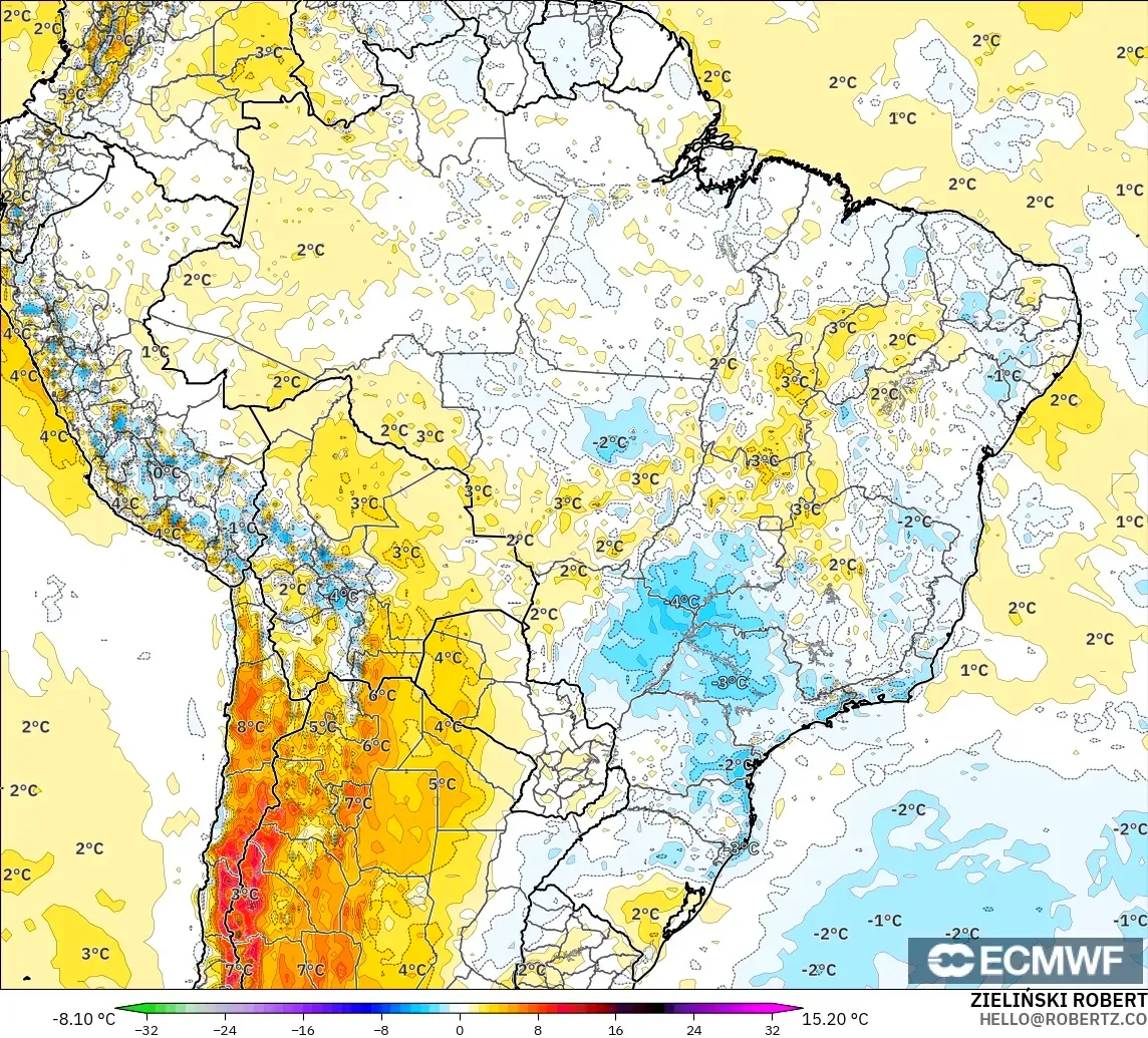 ECMWF IFS 0.25° modelo - Brasil, Anomalía de temperatura a 2 m