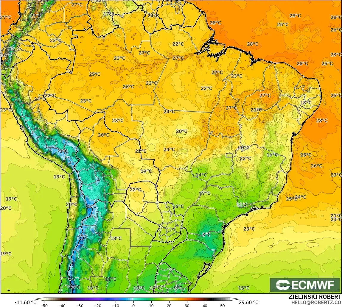 ECMWF IFS 0.25° modelo - Brasil, Temperatura a 2 m