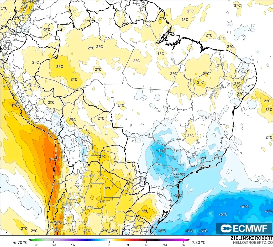 ECMWF IFS 0.25° modelo - Brasil, Anomalía de temperatura a 850 hPa