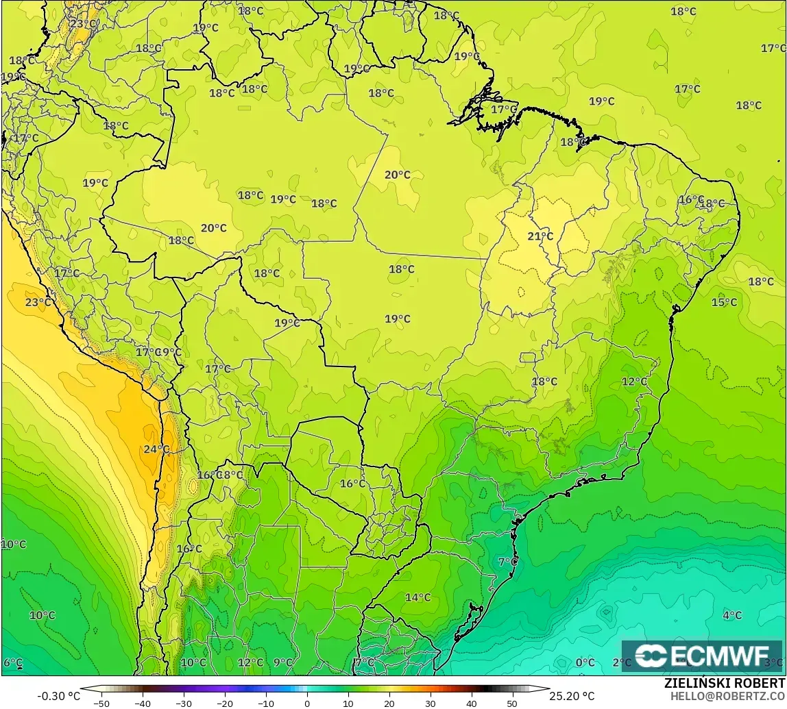 ECMWF IFS 0.25° modelo - Brasil, Temperatura a 850 hPa