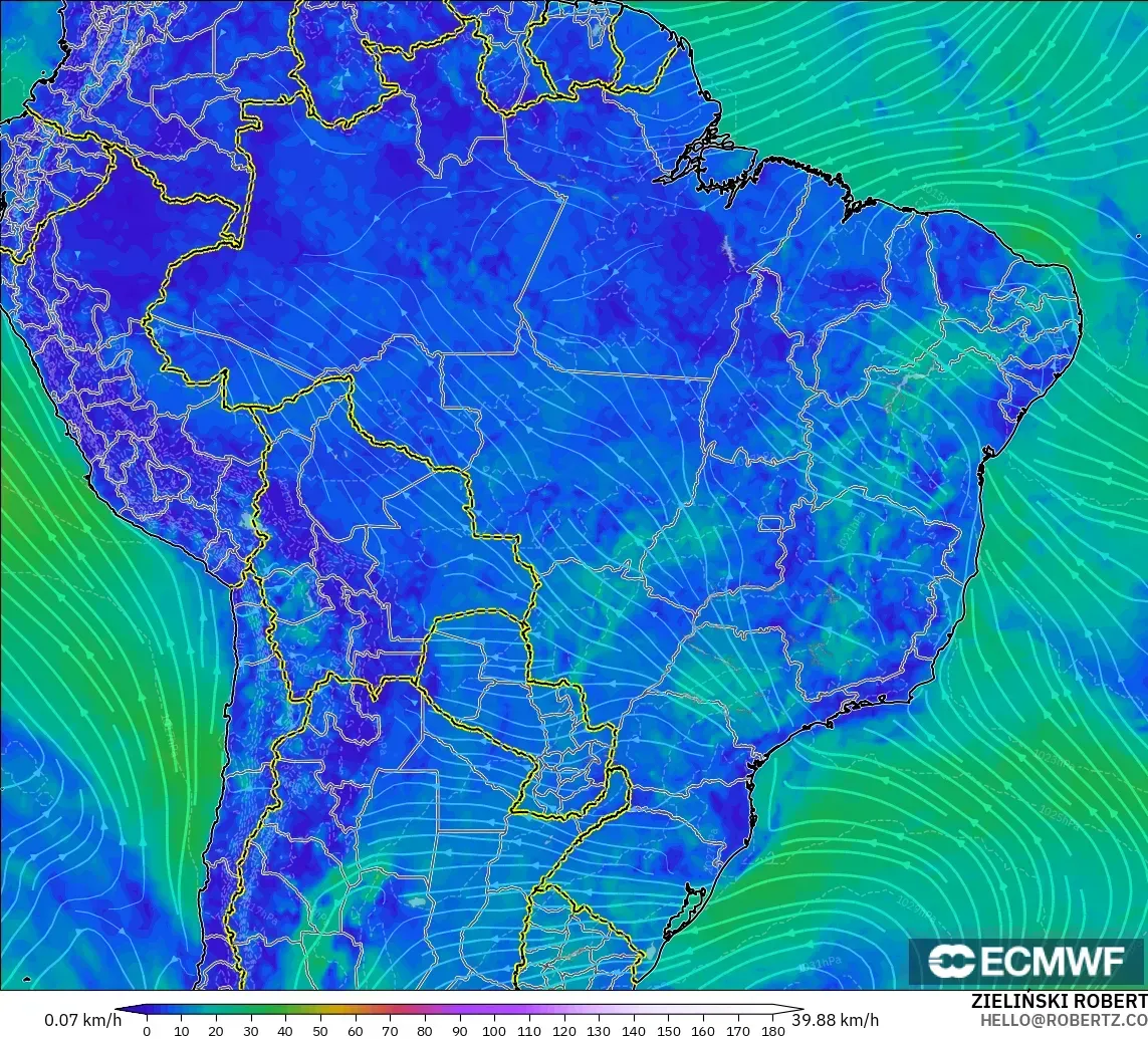 ECMWF IFS 0.25° modelo - Brasil, Viento a 10 m
