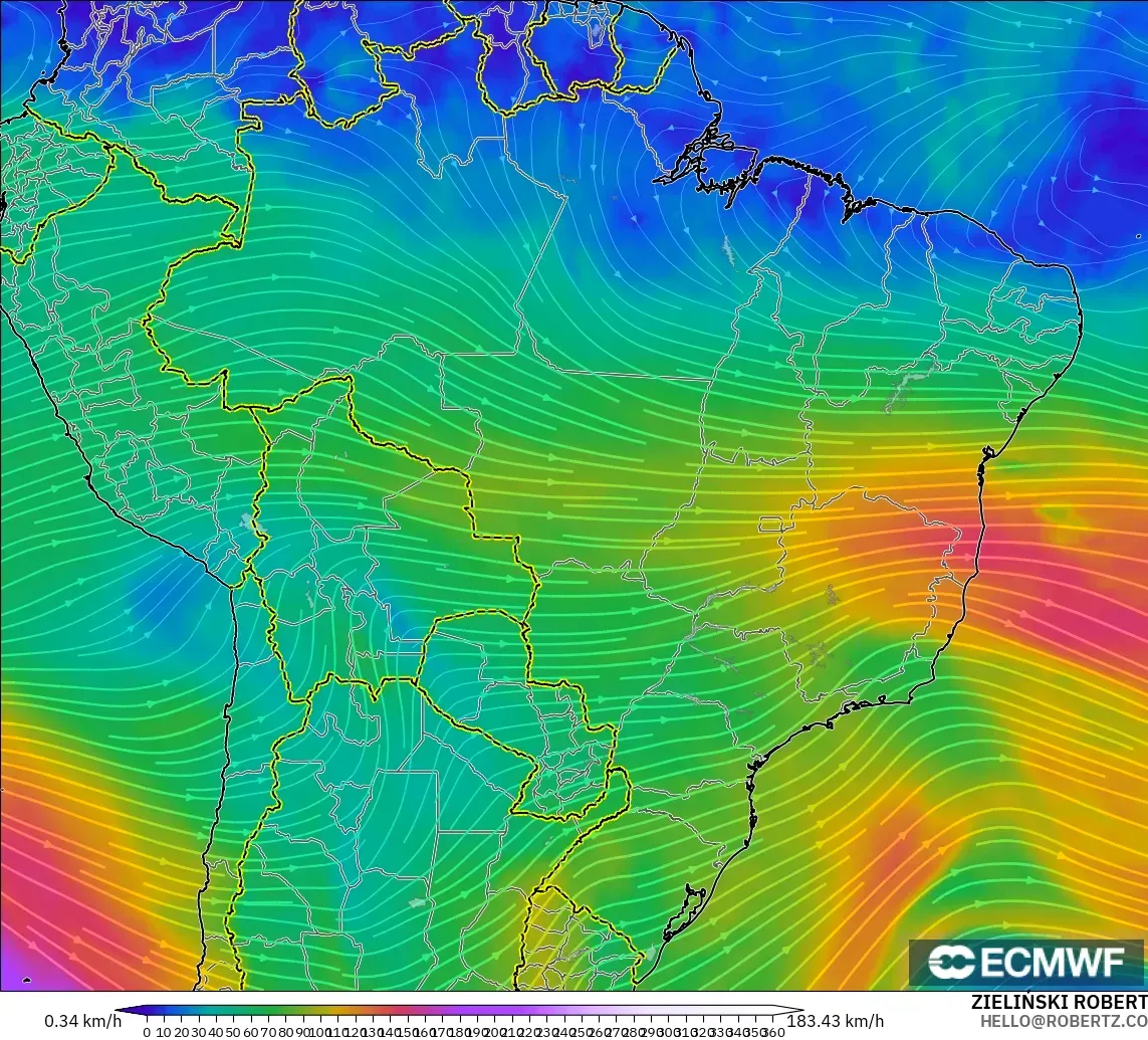 ECMWF IFS 0.25° modelo - Brasil, Viento a 300 hPa (corriente en chorro)