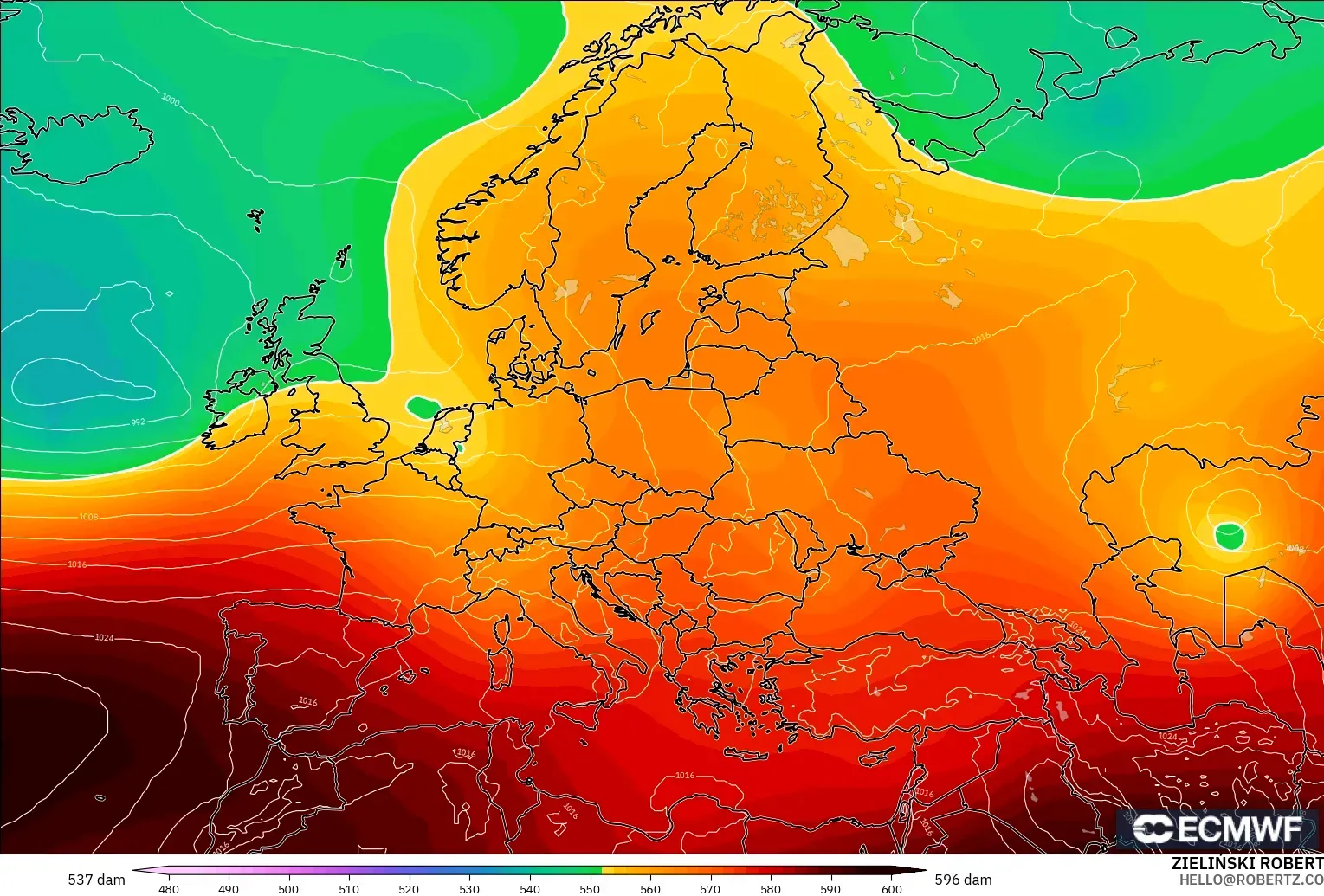 ECMWF IFS 0.25° modelo - Europa, Altura geopotencial a 500 hPa