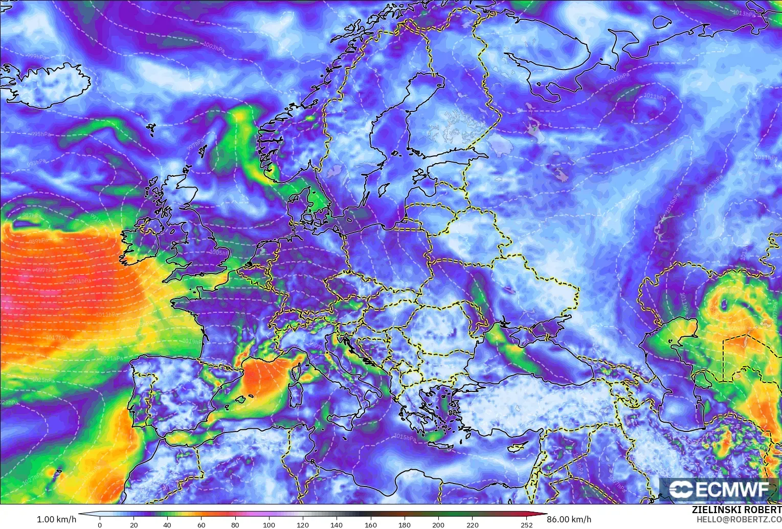 ECMWF IFS 0.25° modelo - Europa, Ráfagas de Viento Máximas