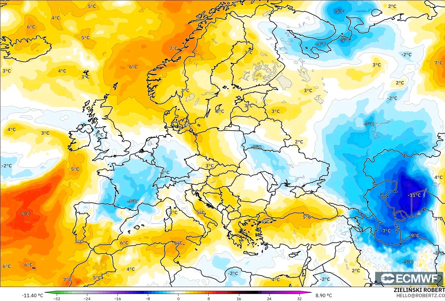 ECMWF IFS 0.25° modelo - Europa, Anomalía de temperatura a 850 hPa