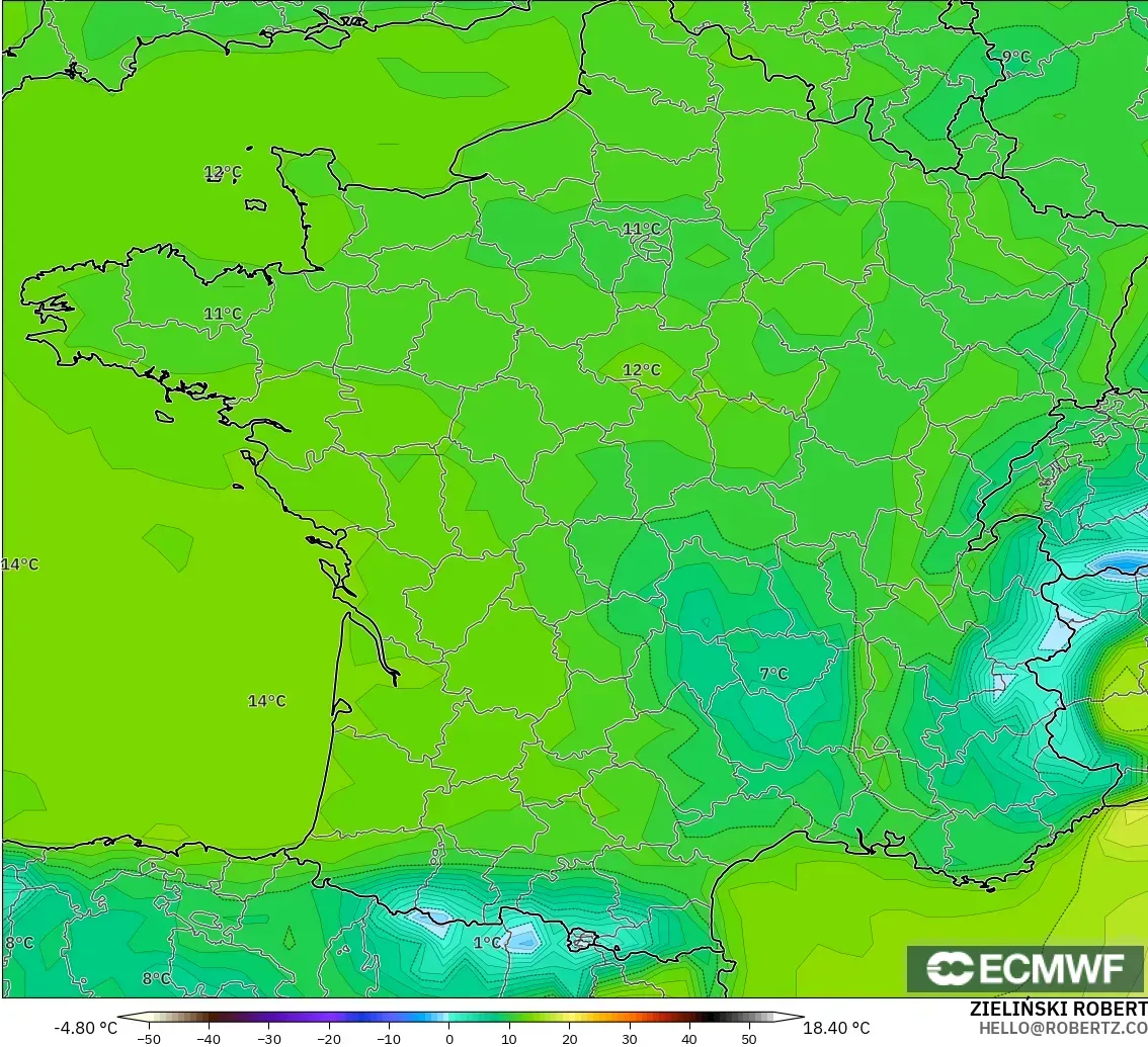 ECMWF IFS 0.25° modelo - Francia, Punto de rocío a 2 m