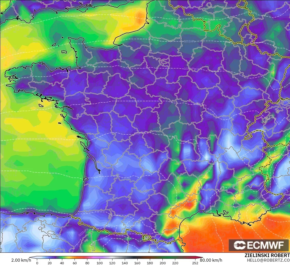 ECMWF IFS 0.25° modelo - Francia, Ráfagas de Viento Máximas