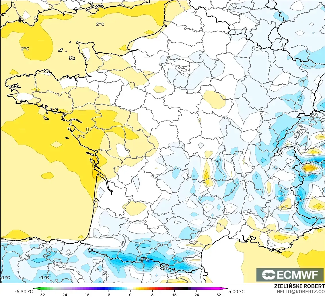 ECMWF IFS 0.25° modelo - Francia, Anomalía de temperatura a 2 m