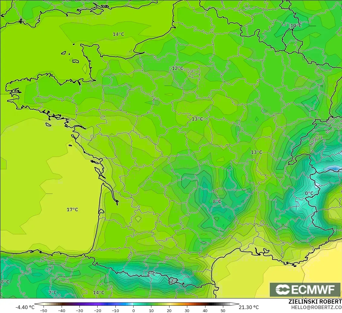 ECMWF IFS 0.25° modelo - Francia, Temperatura a 2 m