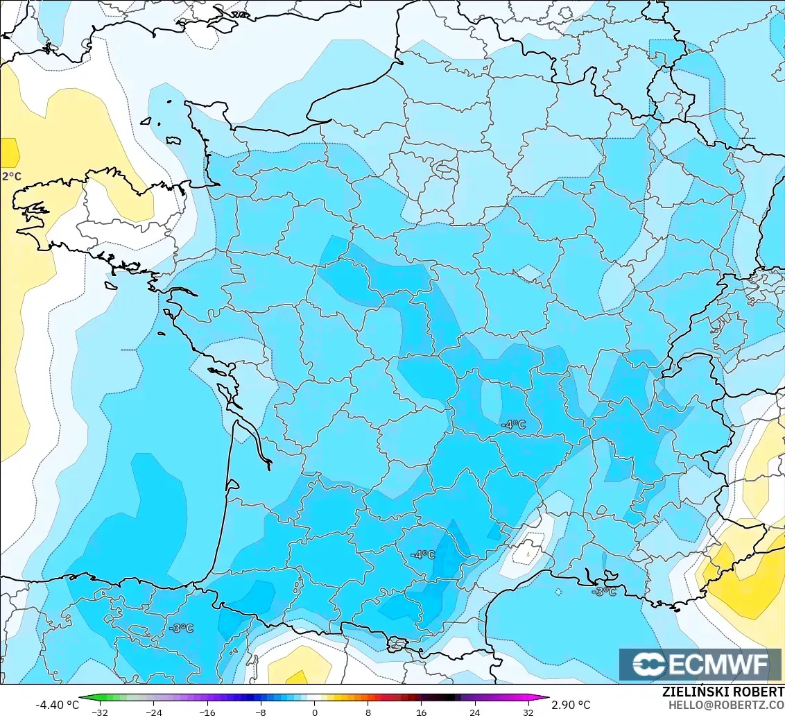 ECMWF IFS 0.25° modelo - Francia, Anomalía de temperatura a 850 hPa