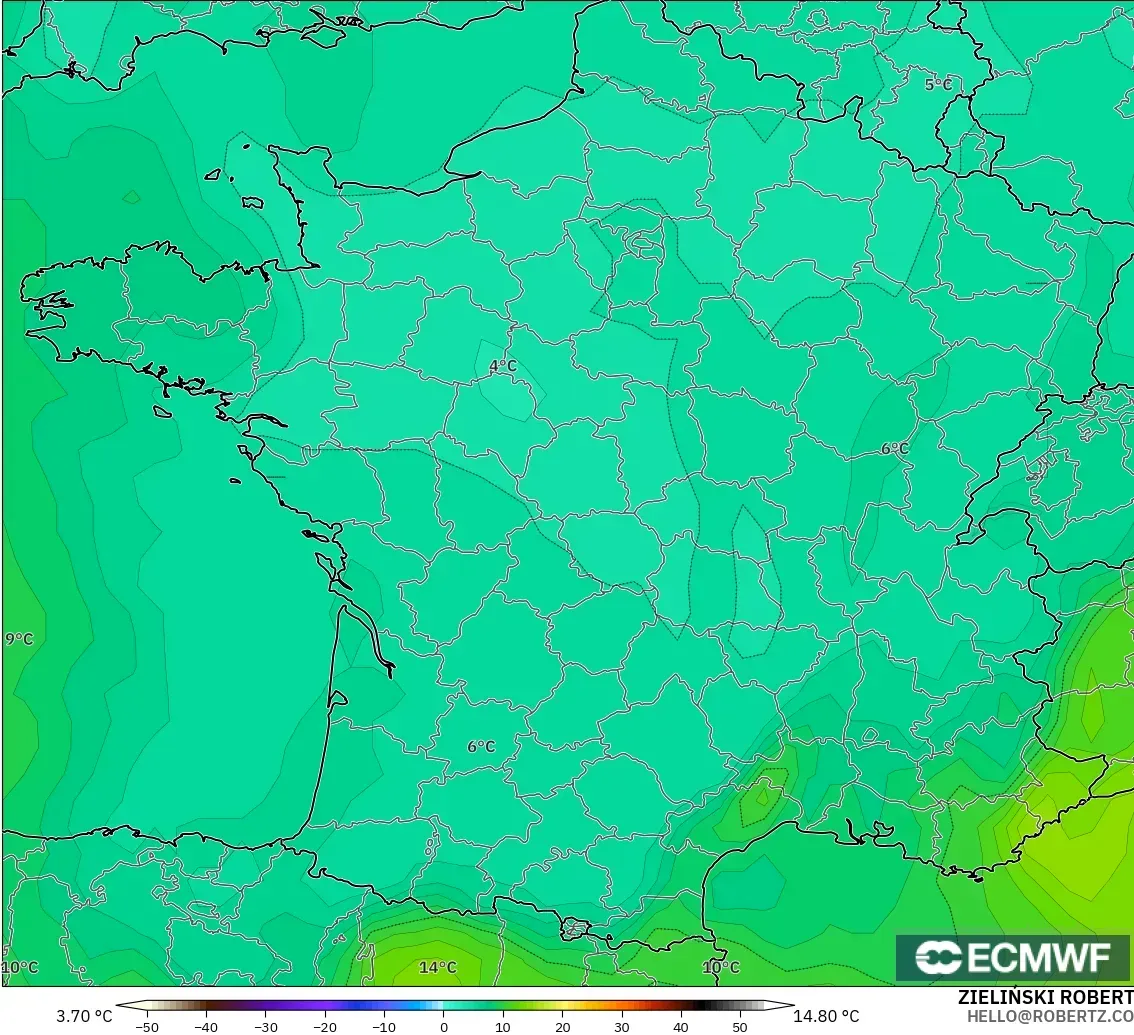 ECMWF IFS 0.25° modelo - Francia, Temperatura a 850 hPa