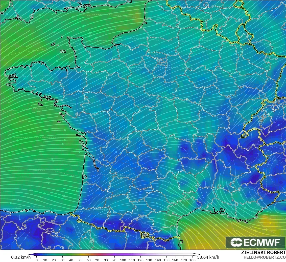 ECMWF IFS 0.25° modelo - Francia, Viento a 10 m