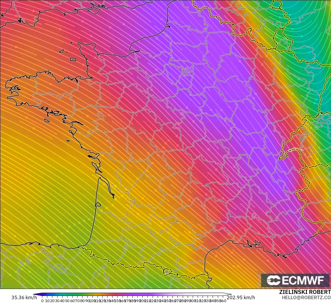 ECMWF IFS 0.25° modelo - Francia, Viento a 300 hPa (corriente en chorro)