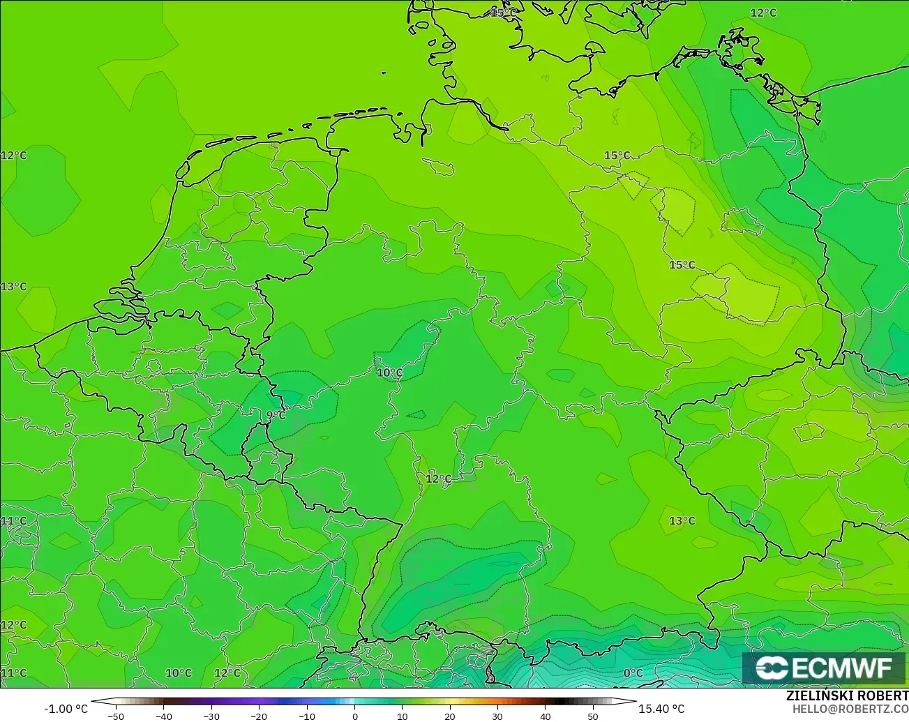 ECMWF IFS 0.25° modelo - Alemania, Punto de rocío a 2 m