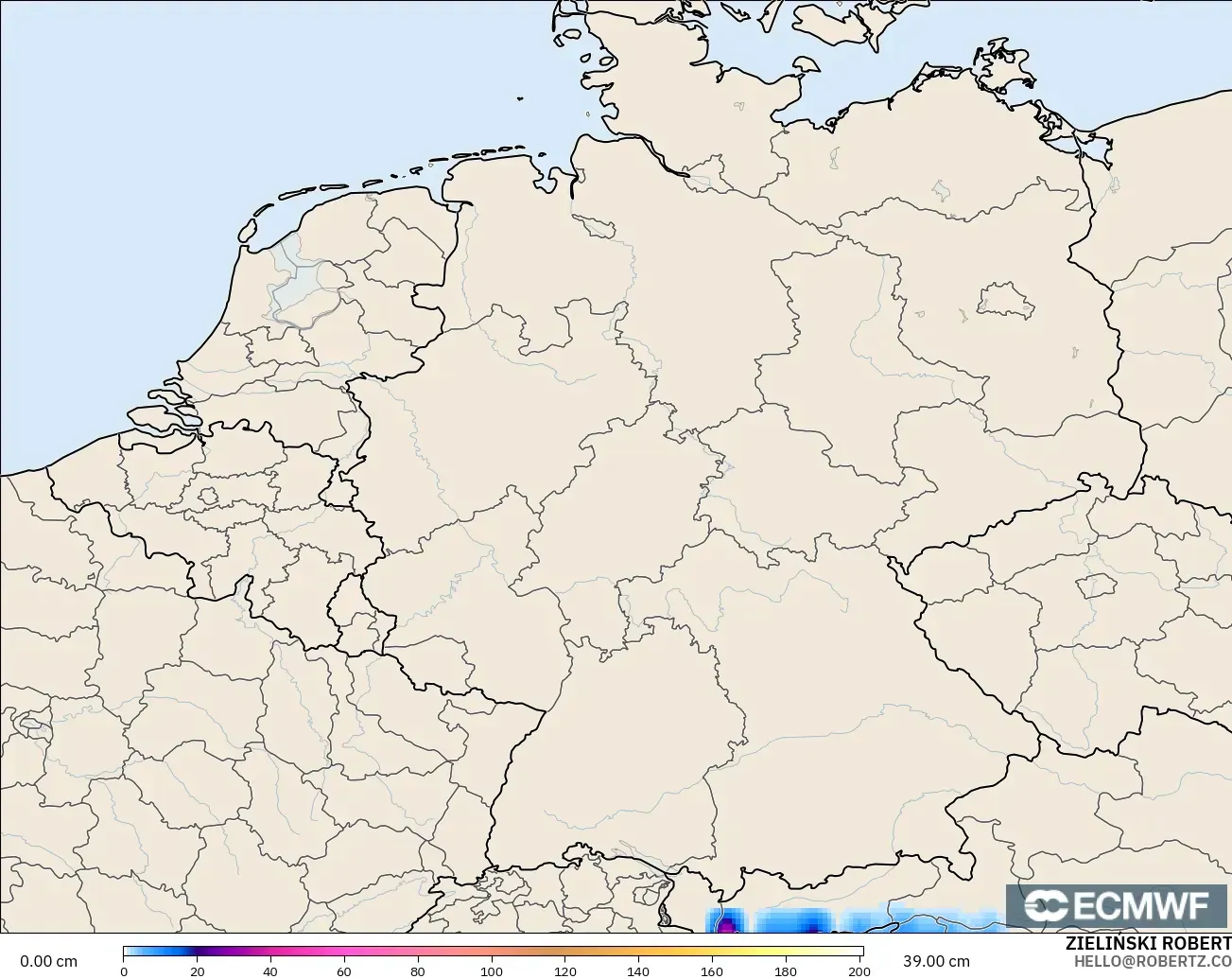 ECMWF IFS 0.25° modelo - Alemania, Profundidad de nieve