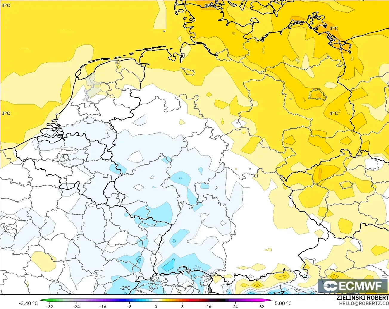 ECMWF IFS 0.25° modelo - Alemania, Anomalía de temperatura a 2 m