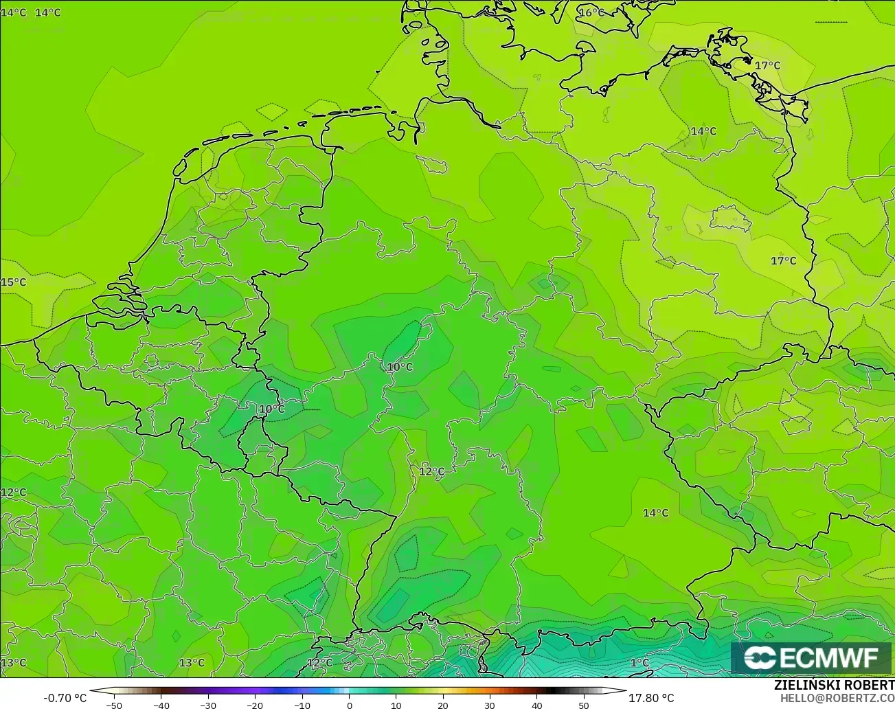 ECMWF IFS 0.25° modelo - Alemania, Temperatura a 2 m