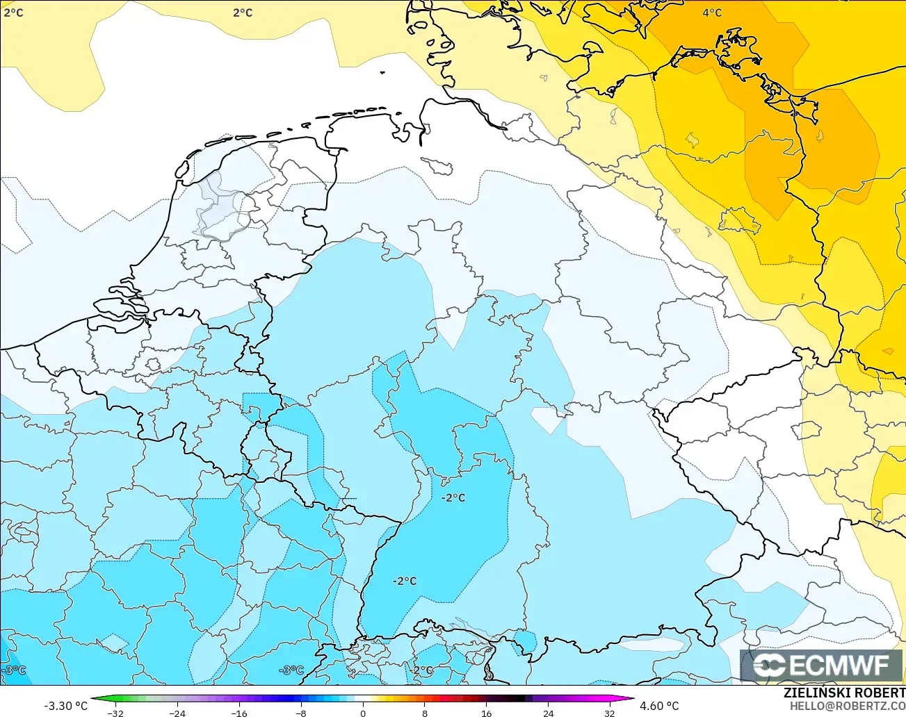 ECMWF IFS 0.25° modelo - Alemania, Anomalía de temperatura a 850 hPa