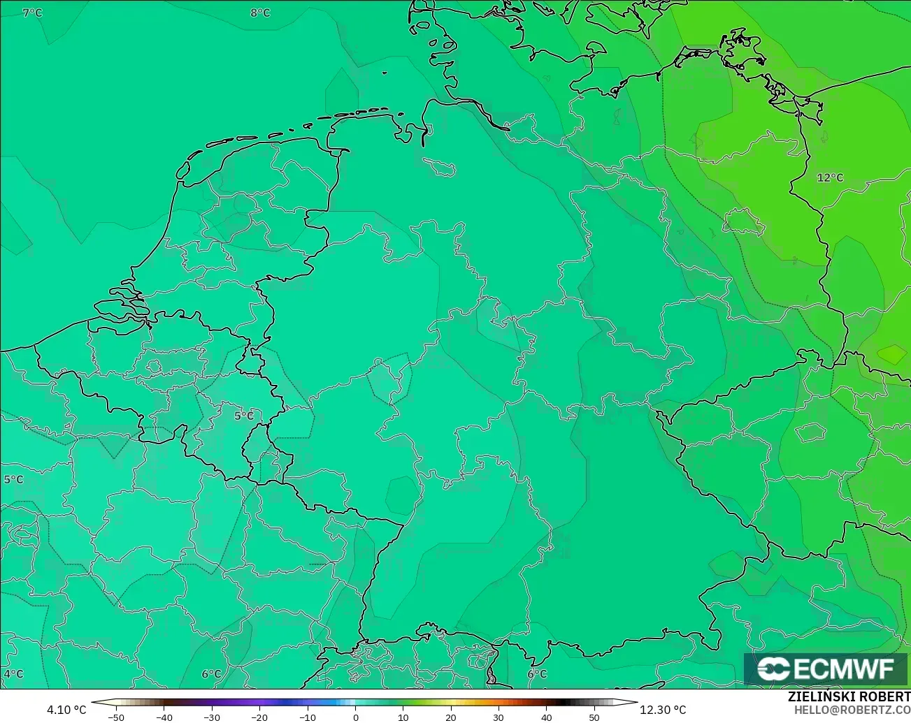 ECMWF IFS 0.25° modelo - Alemania, Temperatura a 850 hPa