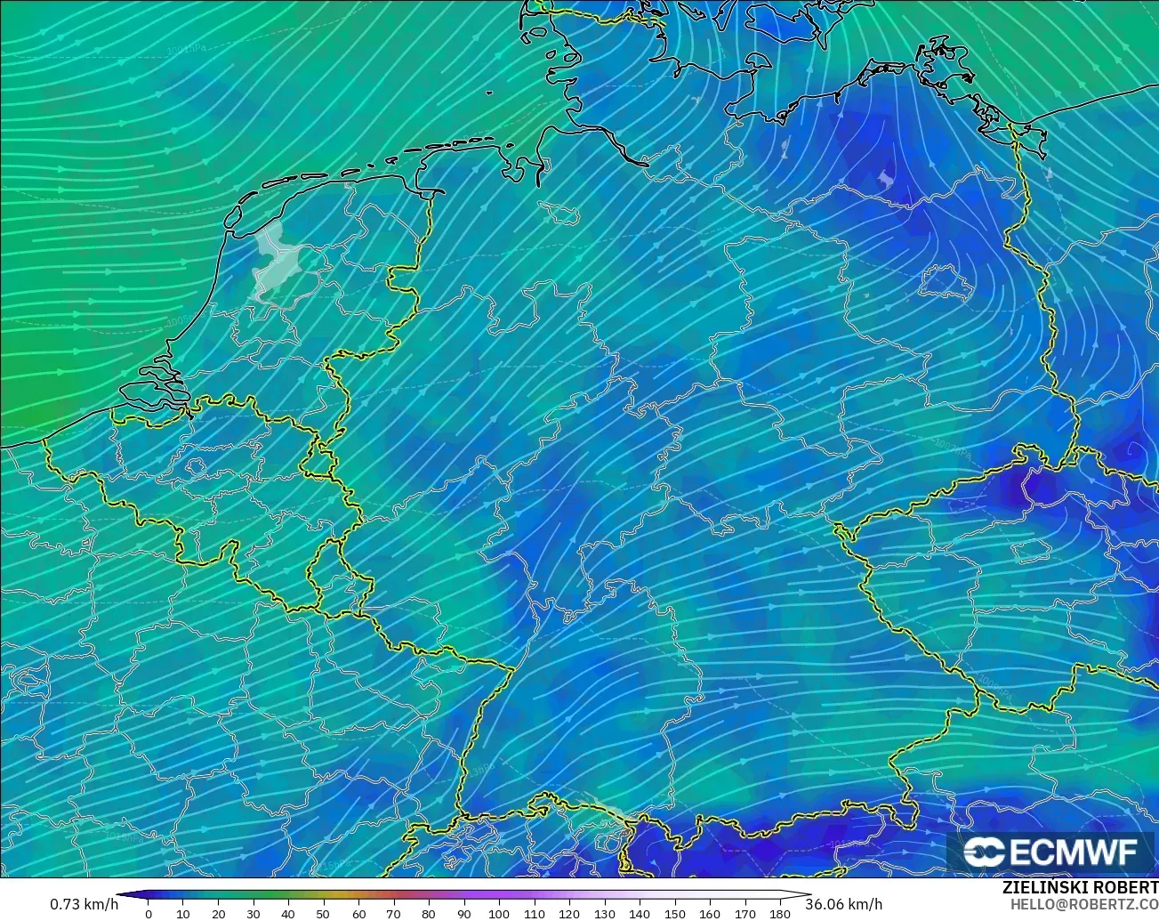ECMWF IFS 0.25° modelo - Alemania, Viento a 10 m