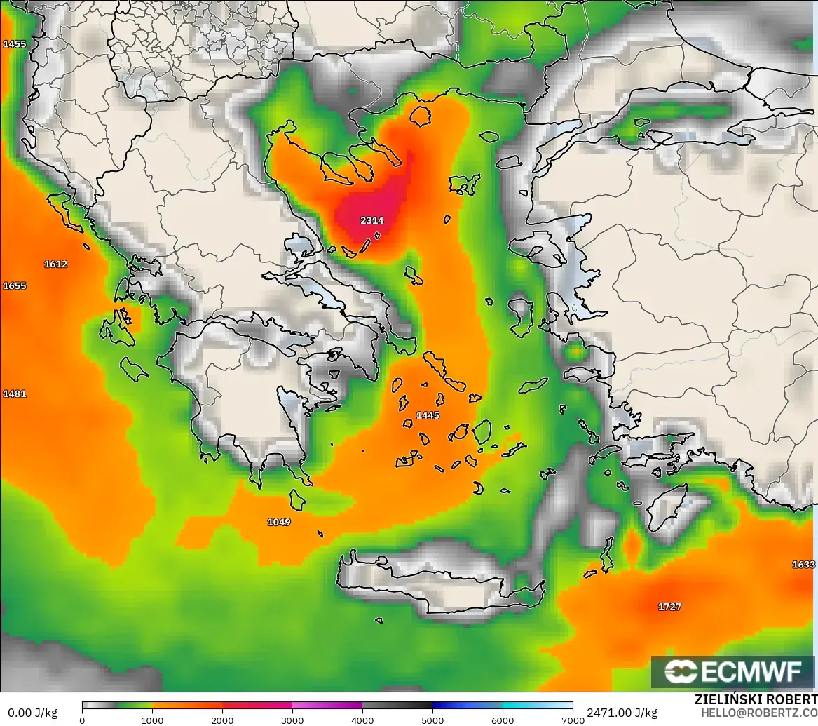 ECMWF IFS 0.25° modelo - Grecia, CAPE