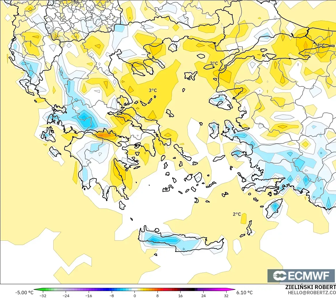 ECMWF IFS 0.25° modelo - Grecia, Anomalía de temperatura a 2 m