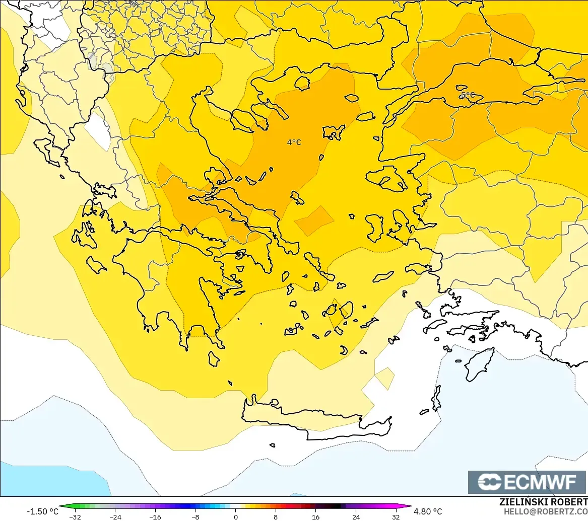 ECMWF IFS 0.25° modelo - Grecia, Anomalía de temperatura a 850 hPa