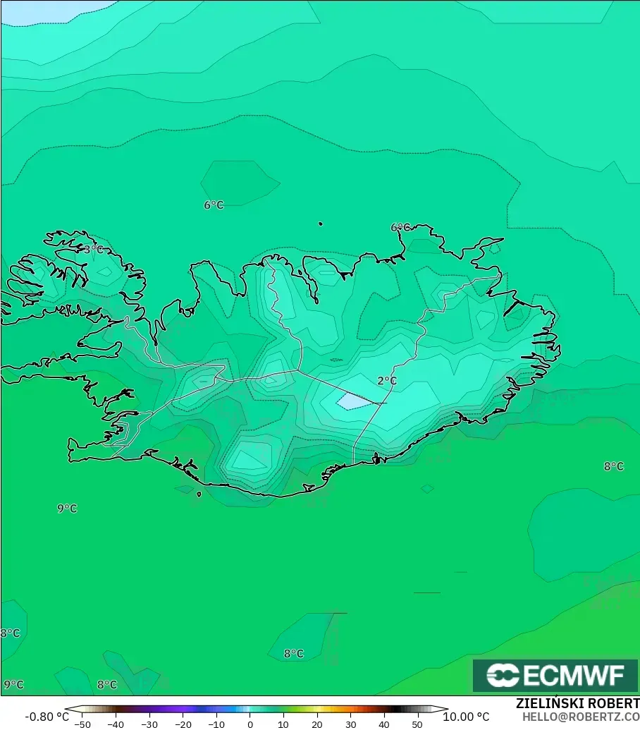 ECMWF IFS 0.25° modelo - Islandia, Punto de rocío a 2 m