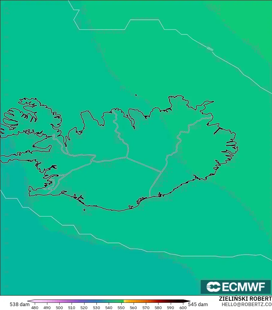 ECMWF IFS 0.25° modelo - Islandia, Altura geopotencial a 500 hPa