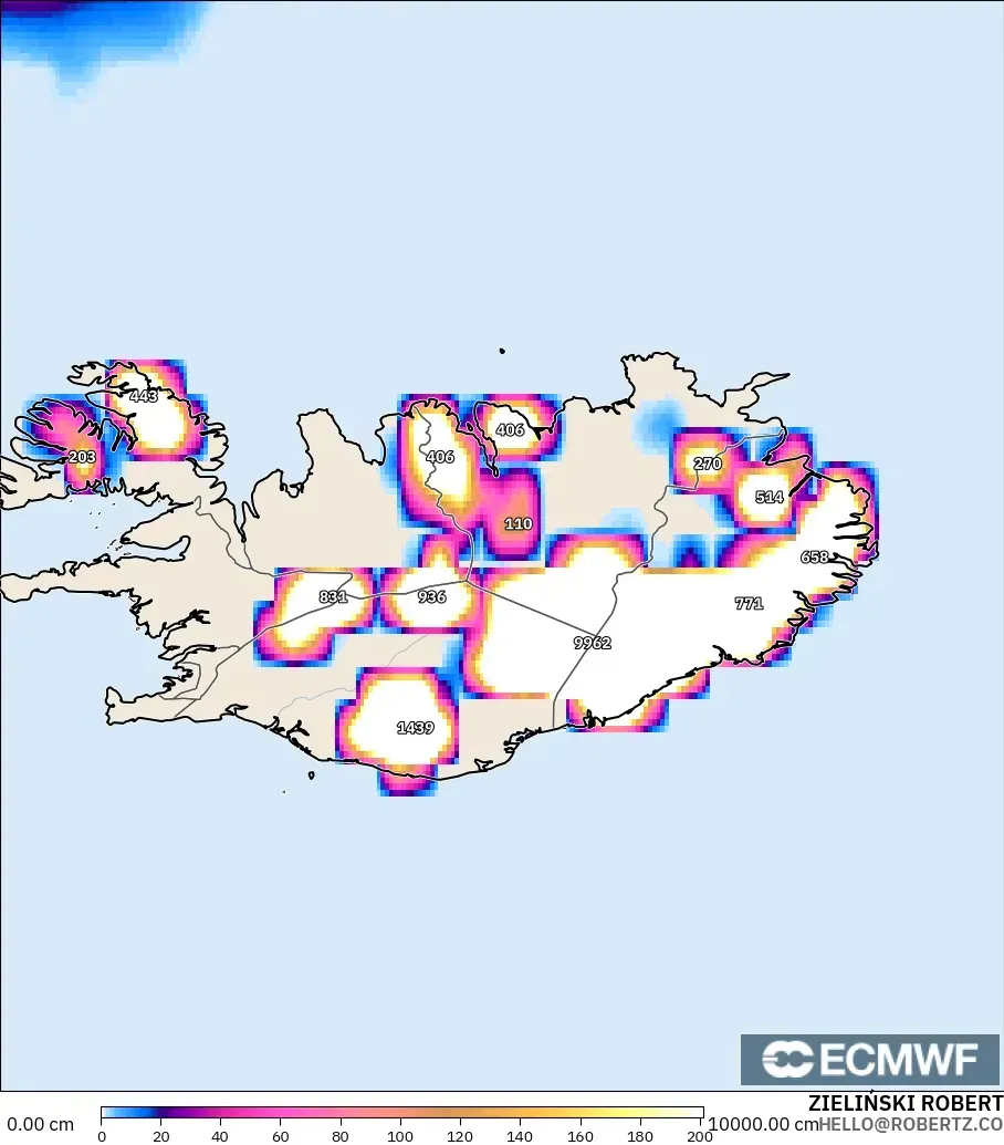 ECMWF IFS 0.25° modelo - Islandia, Profundidad de nieve