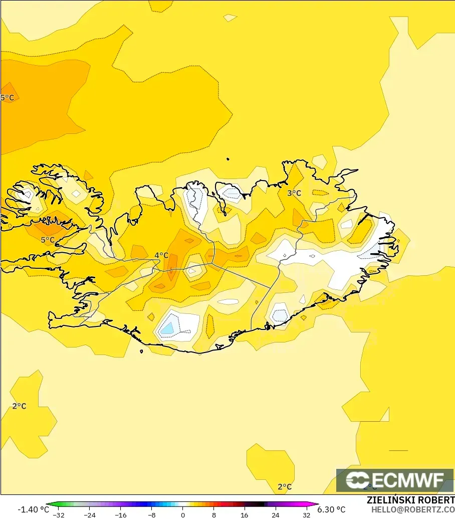 ECMWF IFS 0.25° modelo - Islandia, Anomalía de temperatura a 2 m