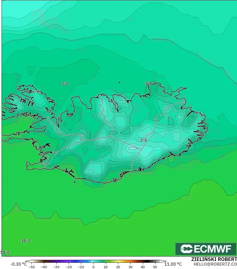 ECMWF IFS 0.25° modelo - Islandia, Temperatura a 2 m