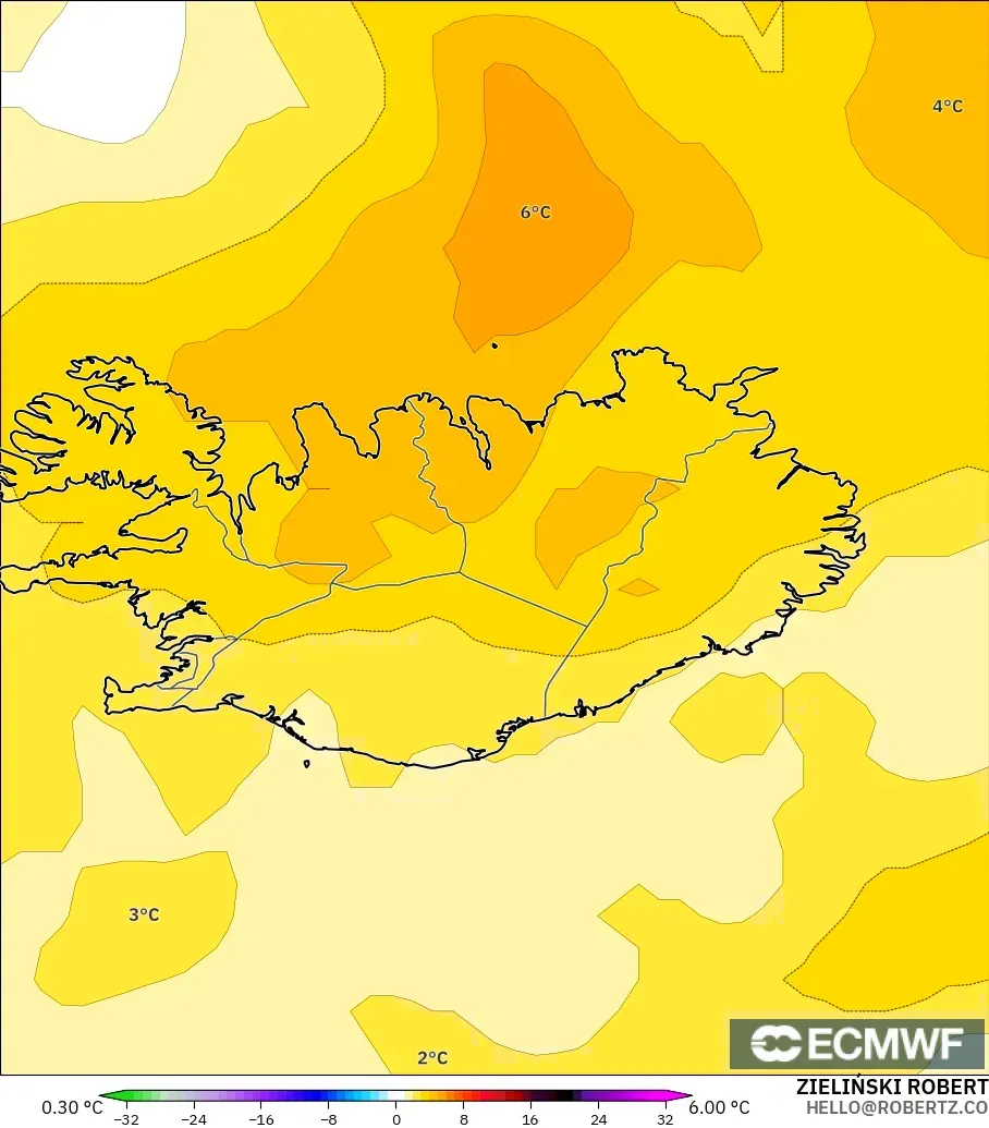 ECMWF IFS 0.25° modelo - Islandia, Anomalía de temperatura a 850 hPa