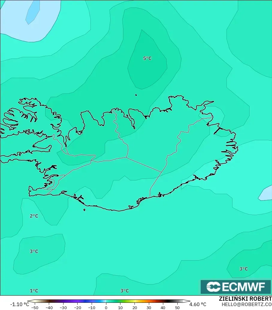 ECMWF IFS 0.25° modelo - Islandia, Temperatura a 850 hPa