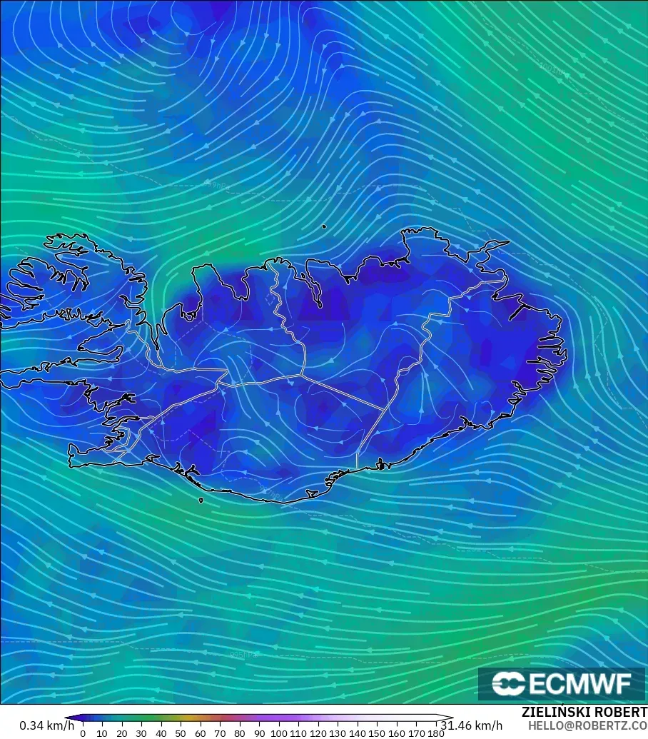 ECMWF IFS 0.25° modelo - Islandia, Viento a 10 m