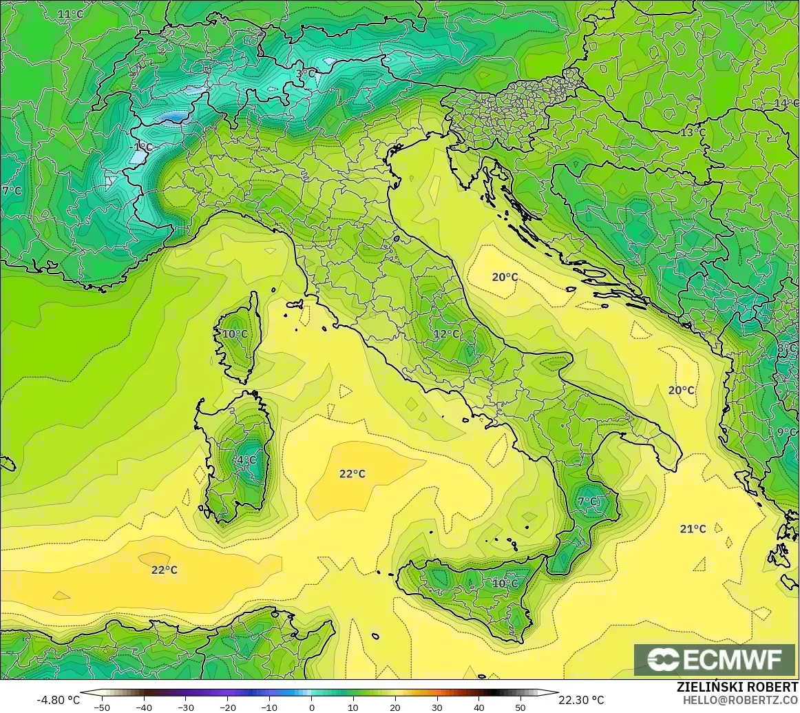 ECMWF IFS 0.25° modelo - Italia, Punto de rocío a 2 m