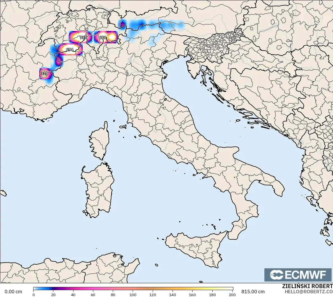 ECMWF IFS 0.25° modelo - Italia, Profundidad de nieve