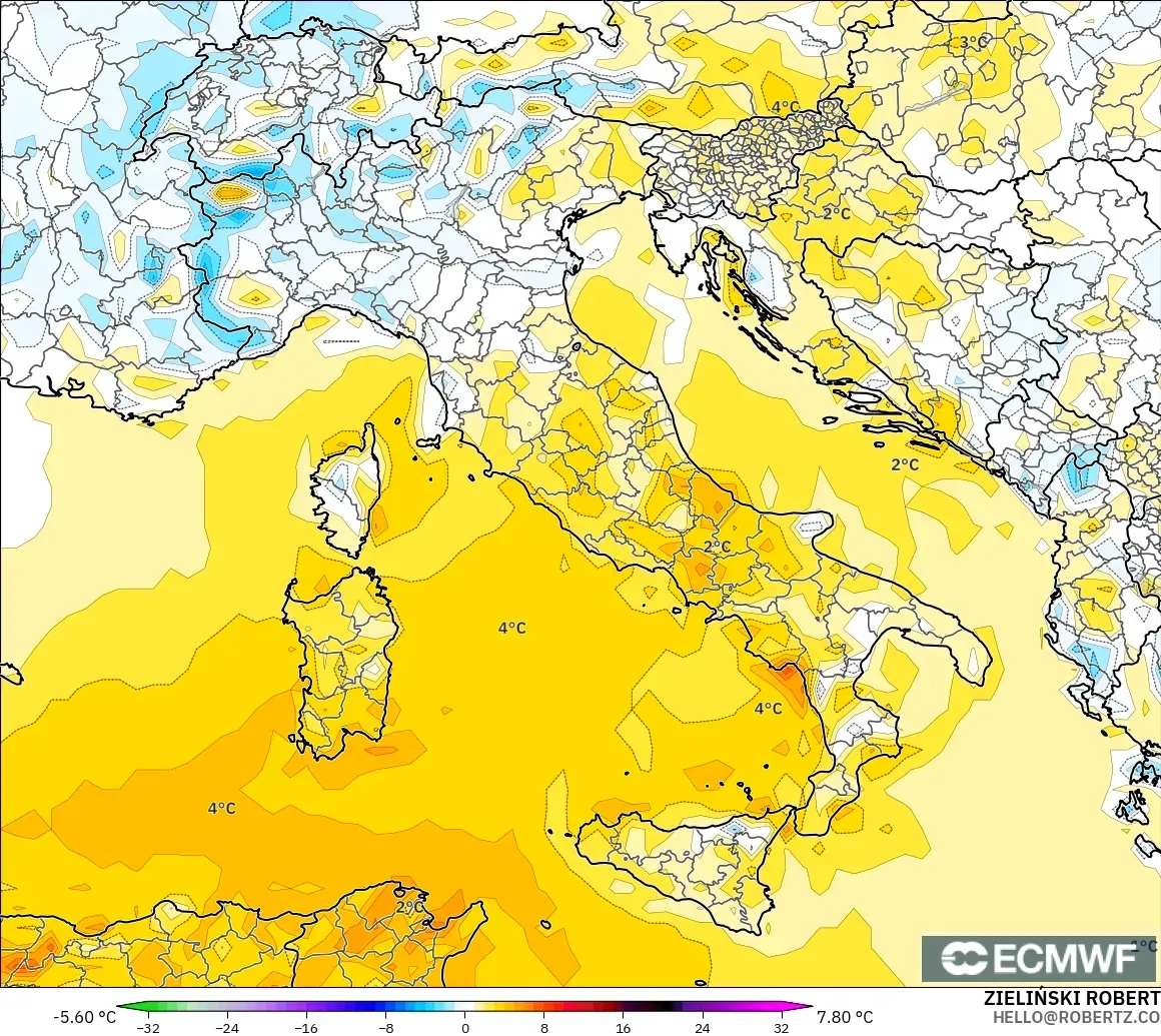 ECMWF IFS 0.25° modelo - Italia, Anomalía de temperatura a 2 m