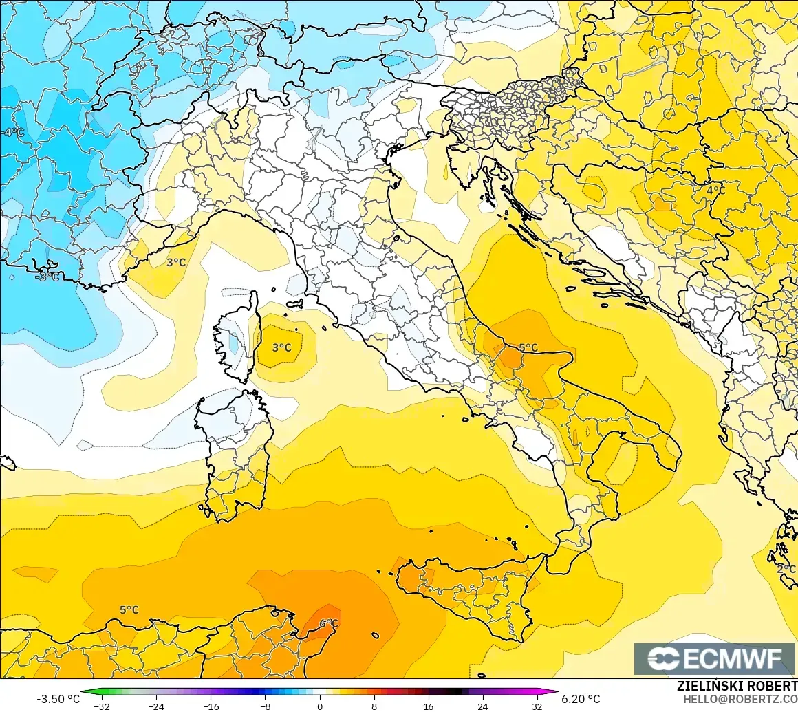 ECMWF IFS 0.25° modelo - Italia, Anomalía de temperatura a 850 hPa