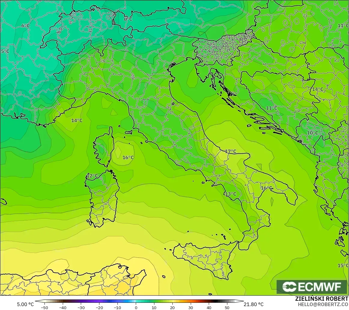 ECMWF IFS 0.25° modelo - Italia, Temperatura a 850 hPa