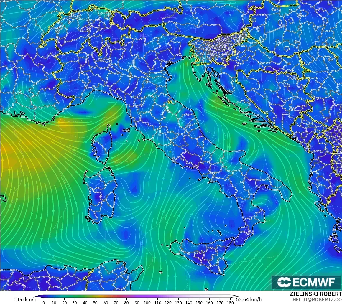ECMWF IFS 0.25° modelo - Italia, Viento a 10 m