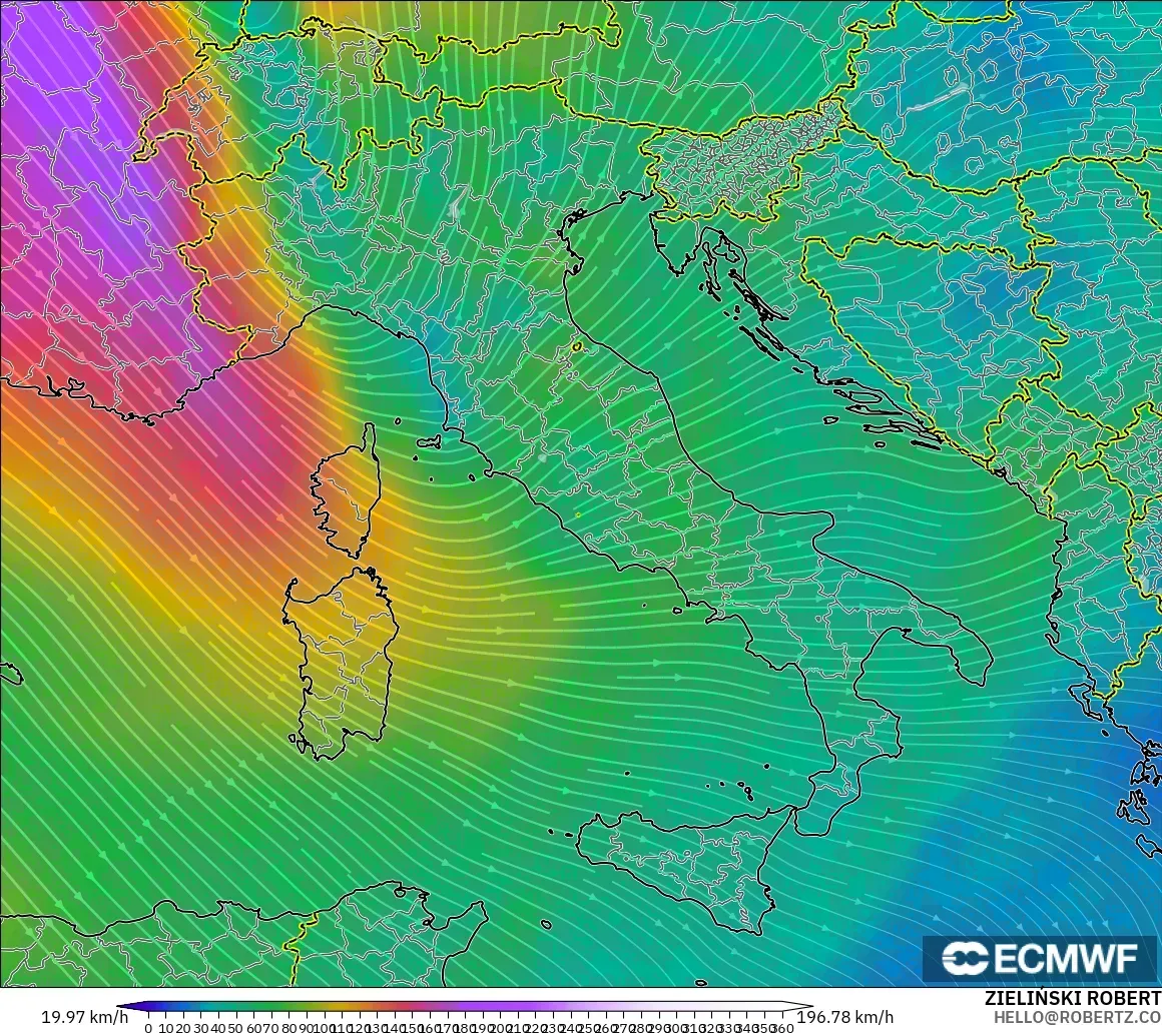 ECMWF IFS 0.25° modelo - Italia, Viento a 300 hPa (corriente en chorro)