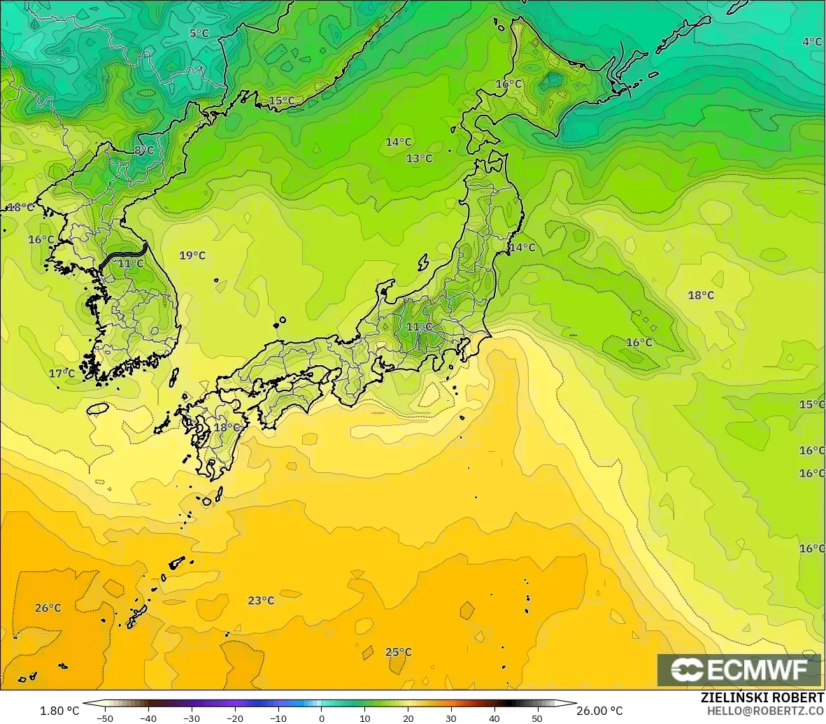 ECMWF IFS 0.25° modelo - Japón, Punto de rocío a 2 m