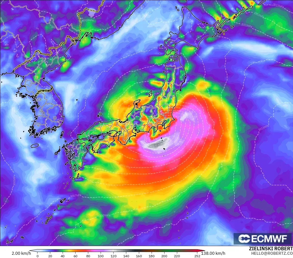 ECMWF IFS 0.25° modelo - Japón, Ráfagas de viento