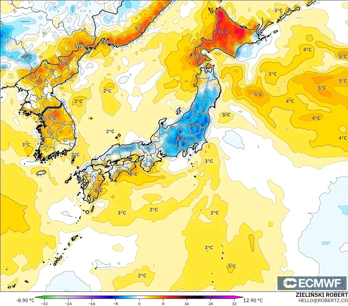 ECMWF IFS 0.25° modelo - Japón, Anomalía de temperatura a 2 m